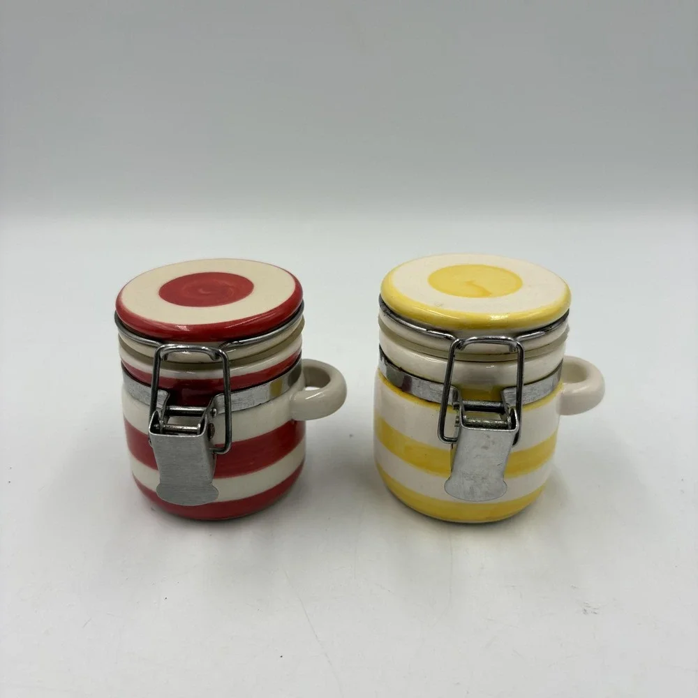 Striped Ceramic Jam Jars Set Of 2 Red‎ Yellow Clamp Lid Airtight Kitchen Storage
